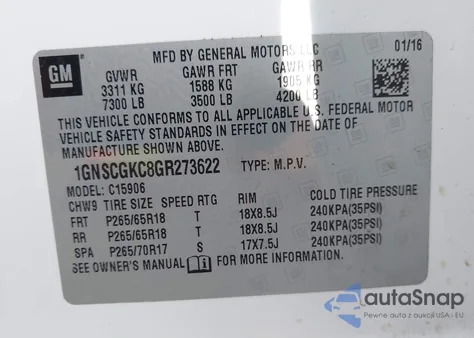 2016 Chevrolet Suburban Ls из США, поврежденный, VIN 1GNSCGKC8GR273622